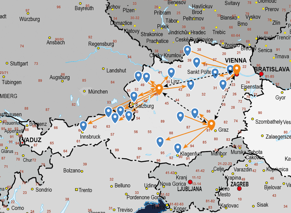Sim Cargo Austria map Sim Cargo map of Austria, showing routes within the country.